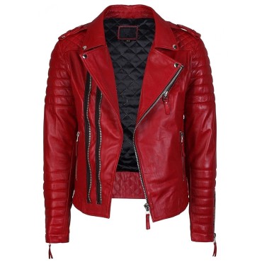 Mens Side Zip Red Leather Biker Jacket