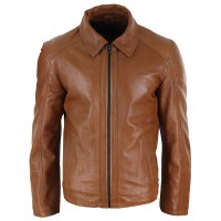 Mens Real Leather Zipper  Jacket Tan