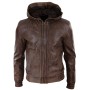 Mens Brown Hooded Leather Bomber Jacket
