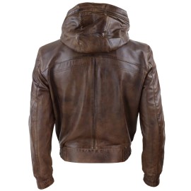 Mens Brown Hooded Leather Bomber Jacket