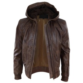 Mens Brown Hooded Leather Bomber Jacket