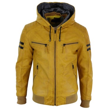 Mens Yellow Real Leather Bomber Jacket with Hood