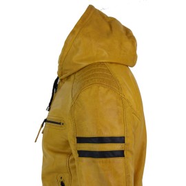 Mens Yellow Real Leather Bomber Jacket with Hood