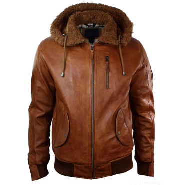Mens Real Leather Bomber Hood Fur Jacket 