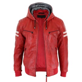 Mens Real Leather Bomber Hood  Jacket Red