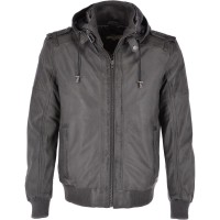 Mens Grey Leather Hooded Bomber Jacket 