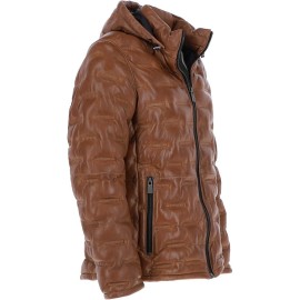 Mens Winter Leather Detachable Hood Puffer Jacket Cognac