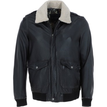 Mens Winter Black Leather  Jacket With Detachable Collar