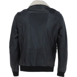 Mens Winter Black Leather  Jacket With Detachable Collar