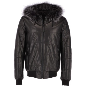 Mens Winter Black Leather Hooded Jacket