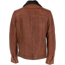 Mens Winter Cognac Leather Jacket With Detachable Collar