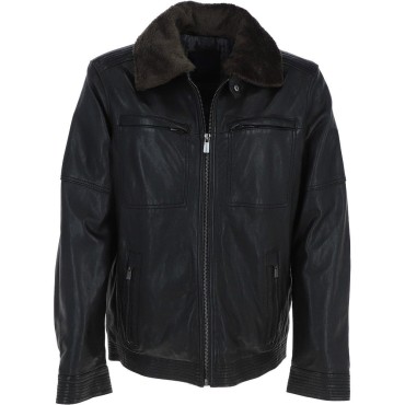 Mens Winter Black Leather Jacket With Detachable Collar