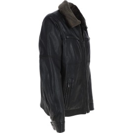 Mens Winter Black Leather Jacket With Detachable Collar