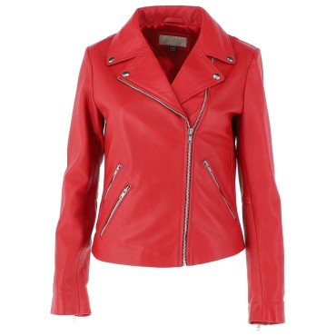 Ladies Side Zip Red Leather Biker Jacket 