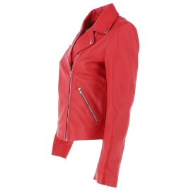 Ladies Side Zip Red Leather Biker Jacket 