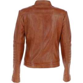 Ladies Slim Fit Leather Biker Jacket Tan