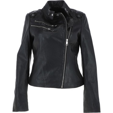 Ladies Side Zip Leather Biker Jacket Black