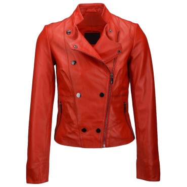 Women's Stand Collar Red Leather Biker Jacket