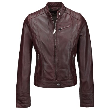 Women's Shoulder Stitch Biker Detail Burgundy Leather  Jacket