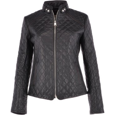 Ladies Diamond Quilted Black Leather Biker Jacket 