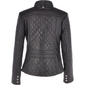 Ladies Diamond Quilted Black Leather Biker Jacket 